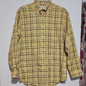 Brooks Brothers Yellow and Blue Plaid Shirt Sz Medium No Iron All Cotton
